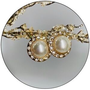Round Faux Pearl CZ Gold Tone Earrings